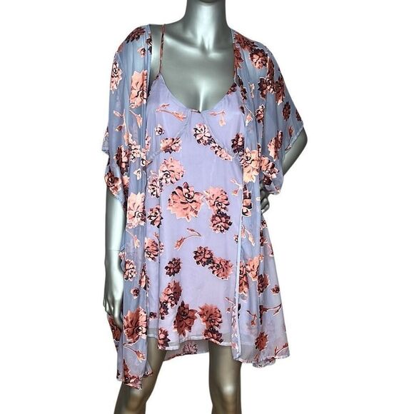 For Love & Lemons Other - For Love & Lemons Purple Floral Mini Slip Dress & Sheer Kimono Duster Set O/S &